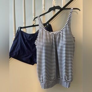 Navy & White Women's Swim Tankini 20W with Bonus Black Swim 20W Shorts